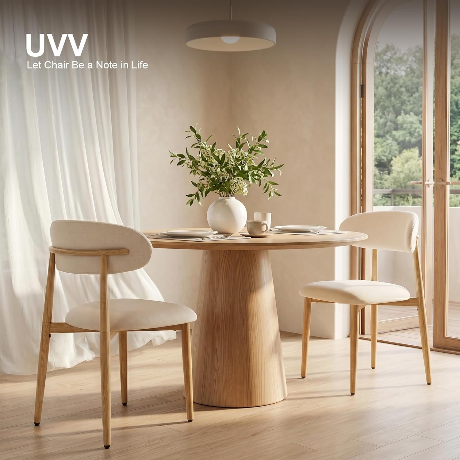 UVV Dining Chairs Set of 4, Metal Kitchen Chairs with Modern Fabric Upholstered for Dining Room, Beige — Beige Seat /Wood-grain Metal Legs / 4 (3)