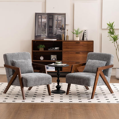 Mid-Century Modern Accent Chair with Solid Wood Frame，Upholstered Chenille Living Room Arm Chairs with Pillow for Bedroom, Living Room, Balcony, Reading Room, Green