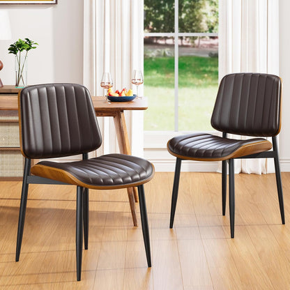 YaFiti Mid Century Dining Chairs Set of 4 with Walnut Bentwood, Greige | Ergonomic Walnut Backrest, Upholstered Waterproof PU Leather Seat, Stable Metal Legs, Adjustable Footpads, Apartment Friendly — Brown Pinstripe / 2