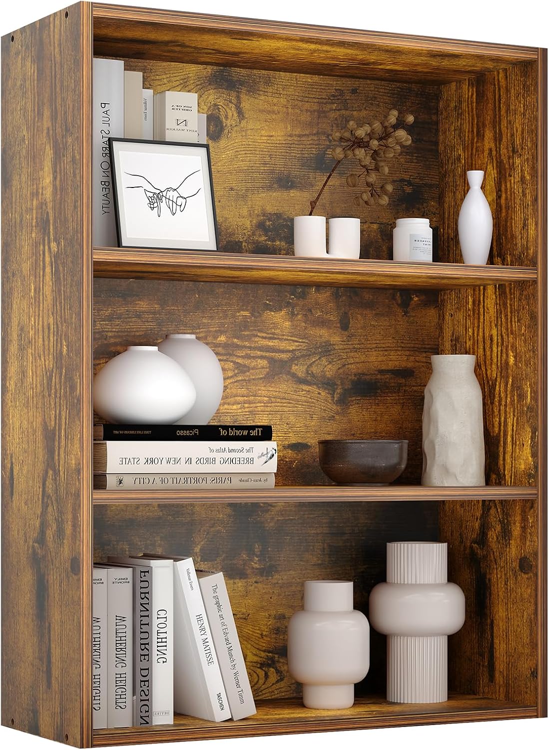 Sweetcrispy 5 Shelf Bookcase Open Display Bookshelf Storage Organizer | 53 Inches Tall Book Shelf Floor Standing Corner Unit, Living Room, Home Office, Kitchen, Bedroom, Rustic Brown Wood — Brown / 3 Shelf