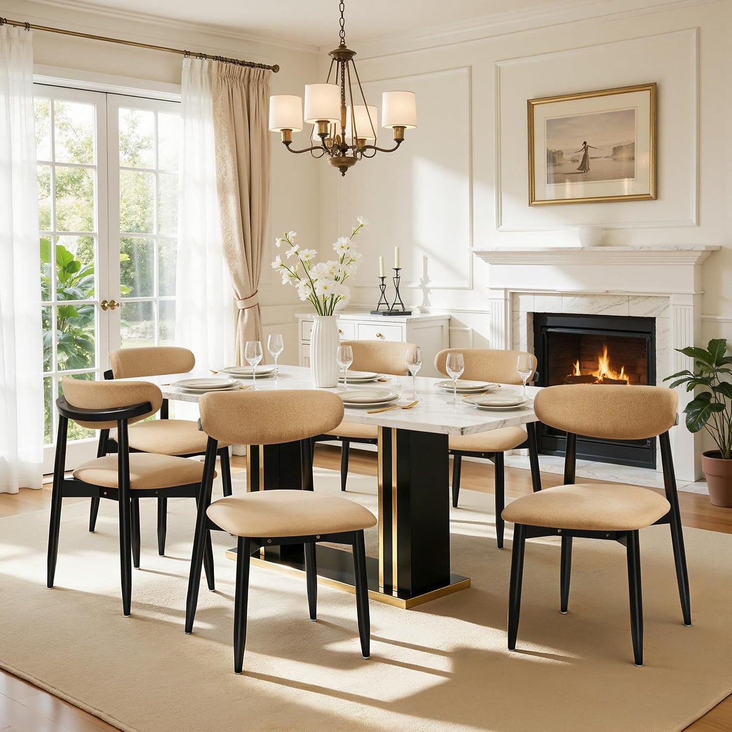 CHUN YI Dining Chairs Set of 4, Upholstered Wooden Dining Room Chairs, Mid Century Modern Fabric Kitchen Chair with Ergonomic Curved Backrest, Beige (Only Chairs) — Khaki / Set of 6