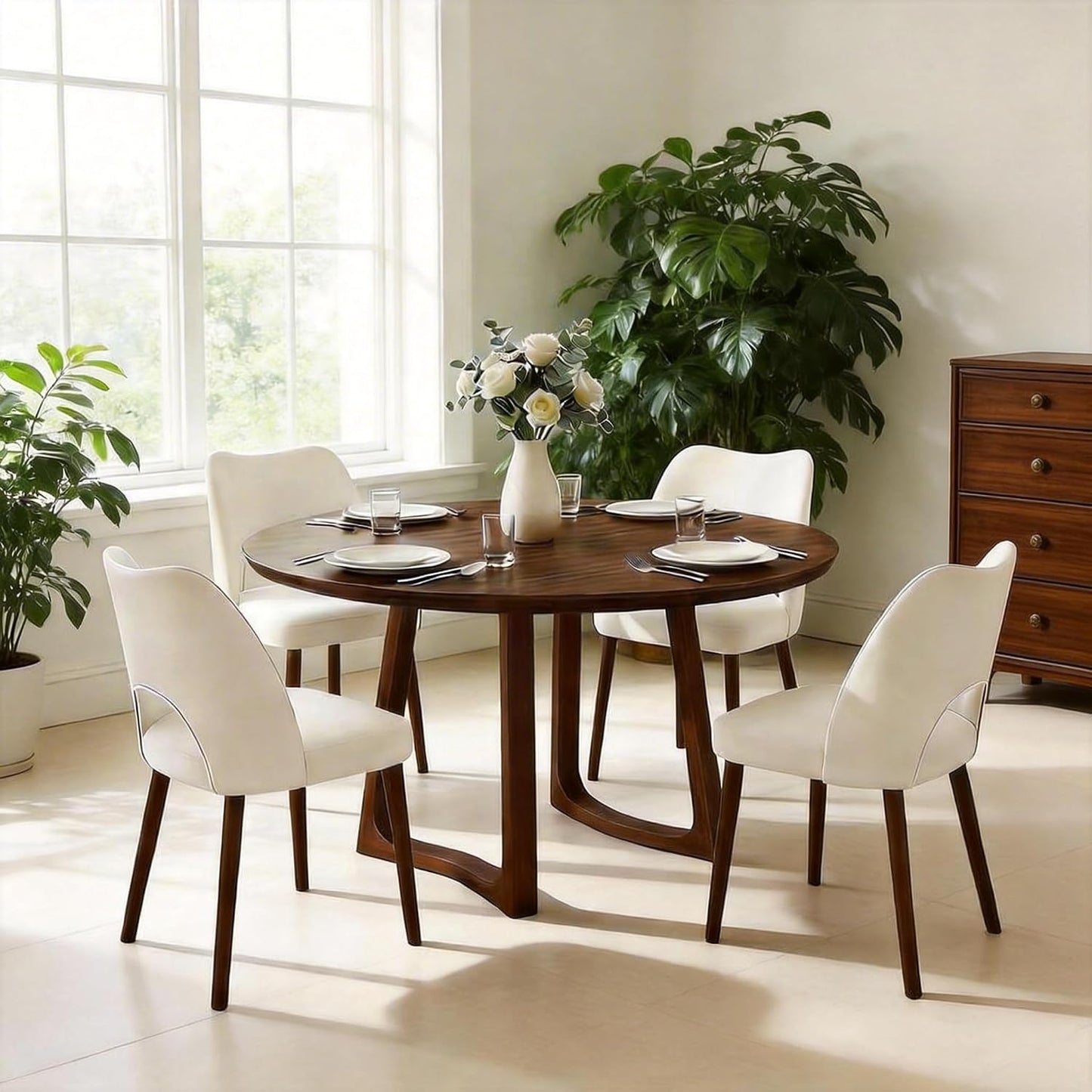 GarveeHome Wooden Dining Chair Set of 4 Upholstered Fabric Dining Chair | Modern Kitchen Chairs with Curved Backrest Leveling Feet for Dining Room, Living Room, , No tool assembly, No Wobble, White — Hollow White-brown Legs