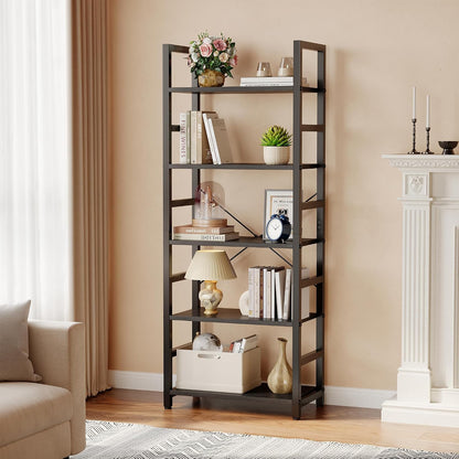 DUMOS 5-Tier Bookshelf, Modern Tall Bookcase Book Shelf | Open Storage Display Shelf for Living Room, Bedroom, Home Office, Narrow Standing Shelving Unit for Books, CDs, Décor Black — Modern Black / 5 Tier (2)