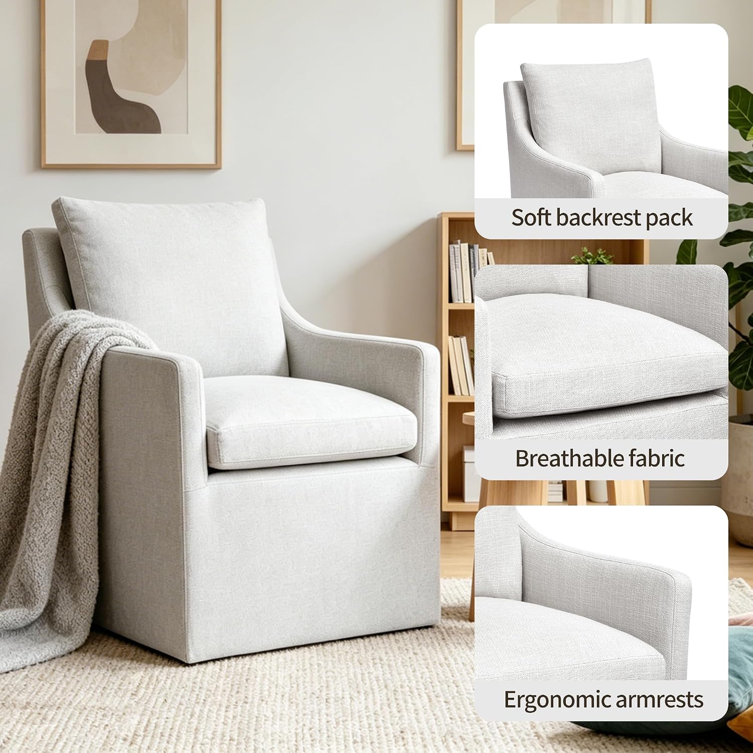 DUHOME Upholstered Dining Chair Set of 2 360 Swivel Linen Accent Armchair | Pre-Assembled Modern Rolling Armchair with Silent Casters, Beige Linen Accent Chair for Dining Room Living Room Bedroom — Beige / 2PCS (8)