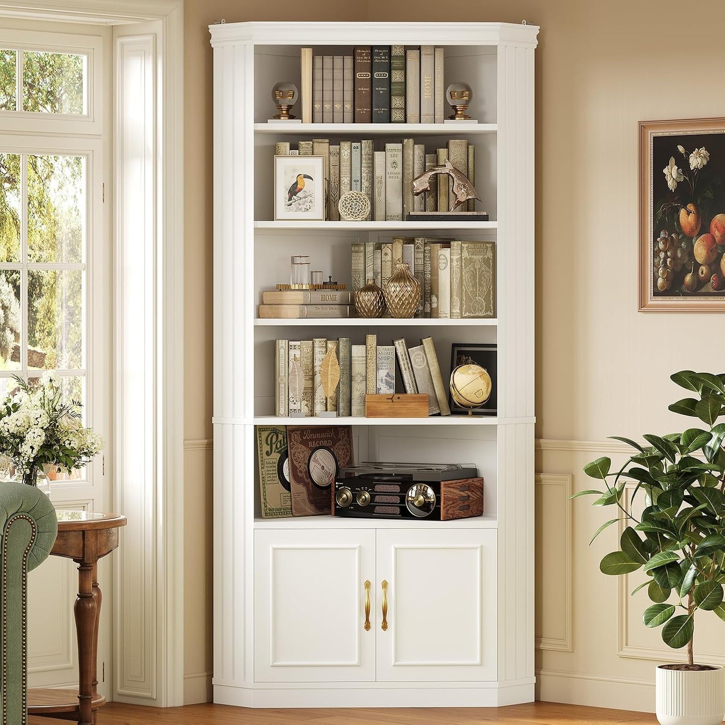 UPOSOJA 83” Tall Corner Bookshelf with Storage Cabinet, L-Shaped 5 Tier Bookcase Open Racks, Classical Style Bookshelves Adjustable Shelves, Home Office, Living Room & Kitchen — White