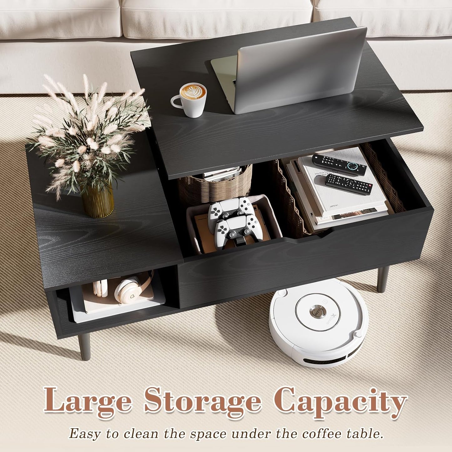OLIXIS Wood Lift Top Coffee Table with Hidden Compartment and Large Storage Shelf, Lift Tabletop Dining Center Table for Home Living Room Office, Black — Black / 39.4 inches x 19.7 inches x 17 inches (4)