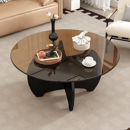 31.5'' Round Coffee Table with Tempered Glass Top, Modern Center Table for Small Spaces - Sturdy Black Board Frame, Simple Design for Living Room, Home, Office - Easy Assembly. — Black (7)