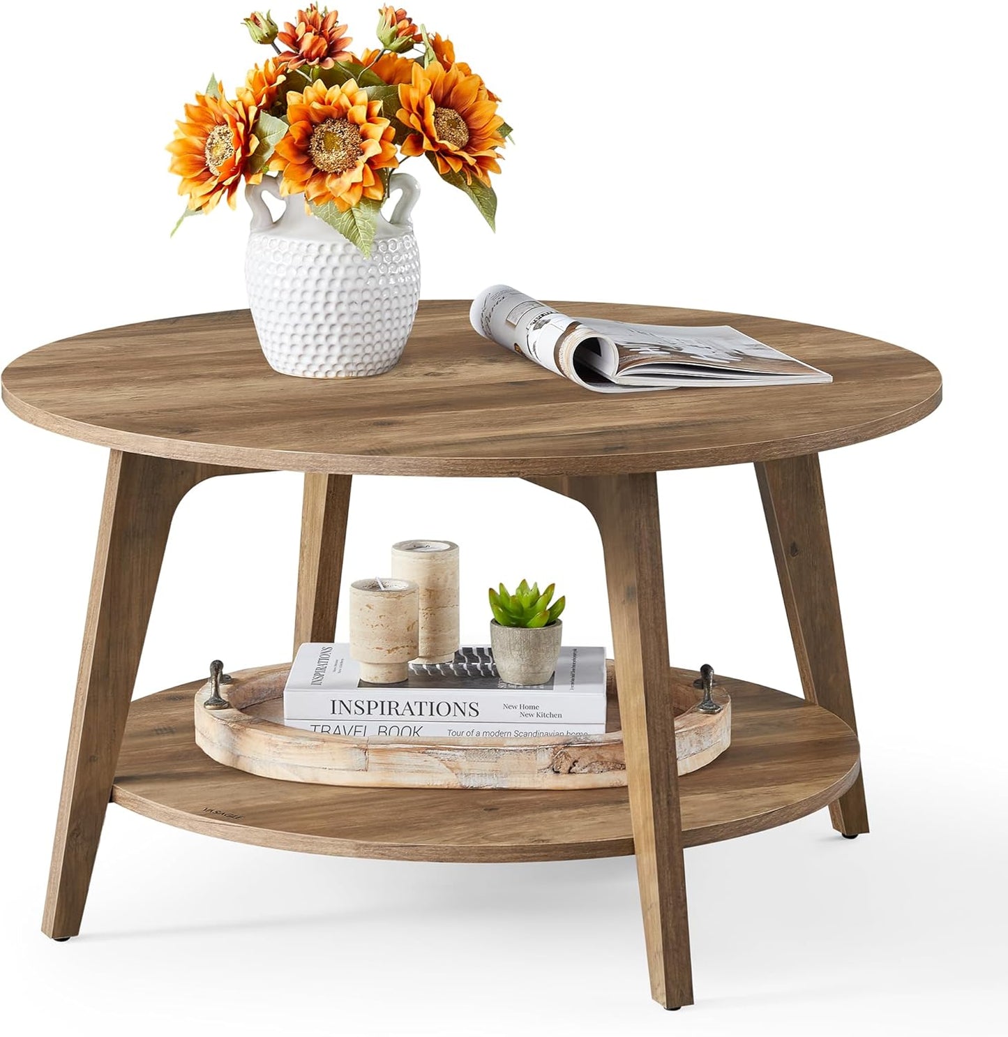 VASAGLE MAEZO Collection - Round Coffee Table, 2-Tier Center Table with Storage, Tapered Legs, Curved Transitions, 31.5 Dia. x 17.7 H Inches, Easy Assembly, for Living Room, Honey Brown ULCT243K41 — Honey Brown