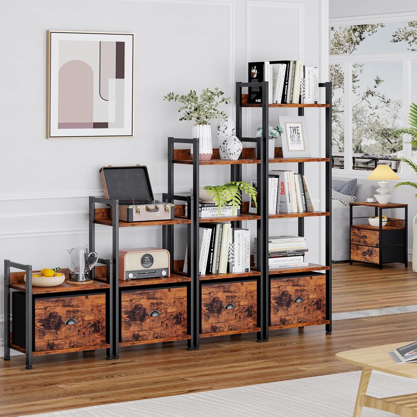 Furologee 5 Tier Bookshelf with Drawer, Tall Narrow Bookcase with Shelves, Wood and Metal Bookshelves Storage Organizer, Industrial Display Standing Shelf Unit for Bedroom, Living Room, Rustic Brown — Rustic Brown / 5 Tier -1 PCS (6)