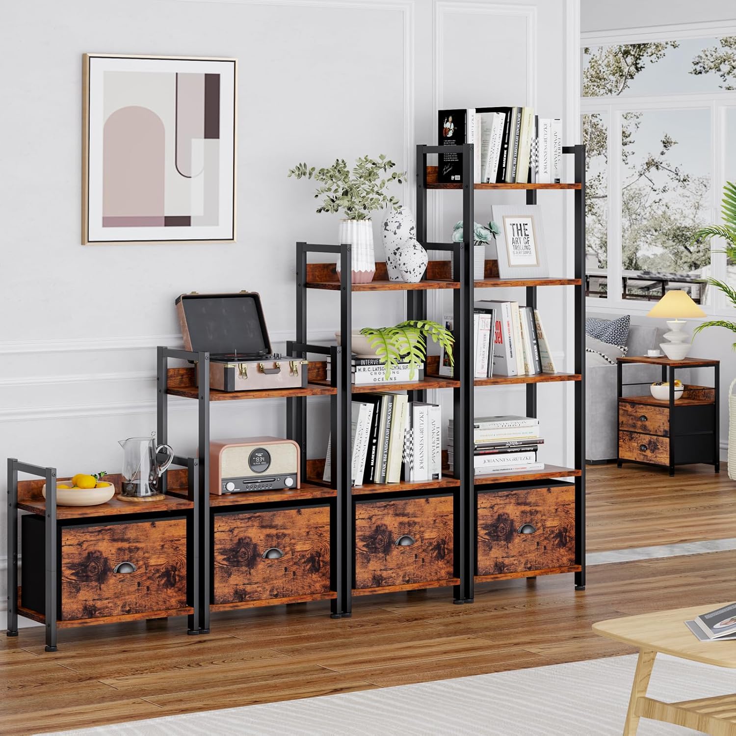 Furologee 5 Tier Bookshelf with Drawer, Tall Narrow Bookcase with Shelves, Wood and Metal Bookshelves Storage Organizer, Industrial Display Standing Shelf Unit for Bedroom, Living Room, Rustic Brown — Rustic Brown / 5 Tier -1 PCS (6)