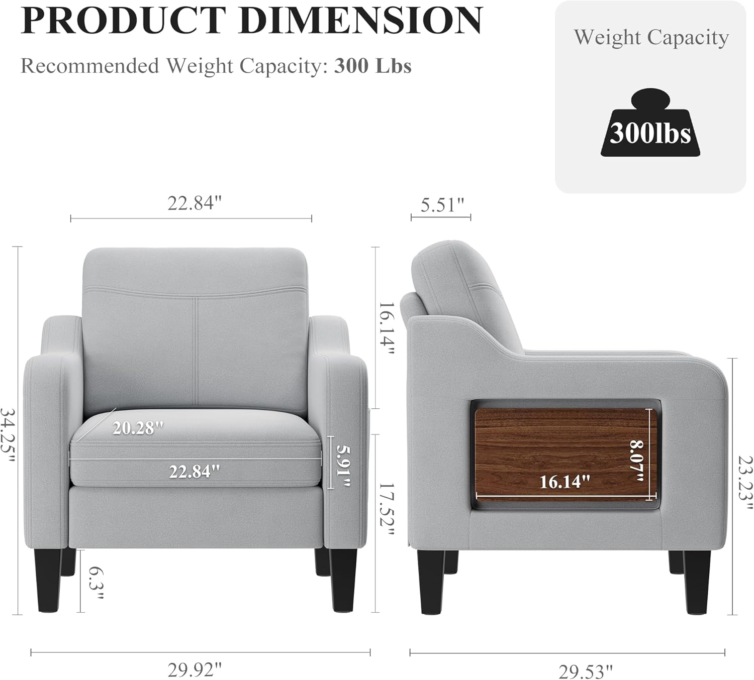 Accent Chair for Living Room, Mid-Century Upholstered Armchair with Foldable Table & 2 Side Pockets, Modern Linen Wooden Sofa Chair for Bedroom & Reading Room, Light Grey — Light Grey / 1 (2)