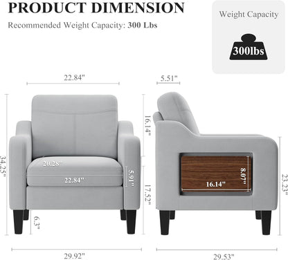 Accent Chair for Living Room, Mid-Century Upholstered Armchair with Foldable Table & 2 Side Pockets, Modern Linen Wooden Sofa Chair for Bedroom & Reading Room, Light Grey — Light Grey / 1 (2)