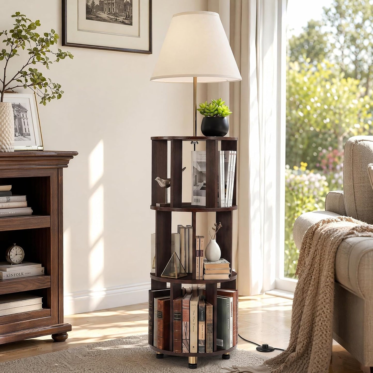 Tribesigns 62.2'' Wood Bookcase with Light, 4 Tier Bookshelf Floor Lamp | Modern Freestanding Storage Shelf with Linen Fabric Shade, Corner Bookcase with Reading Light for Living Room, Bedroom