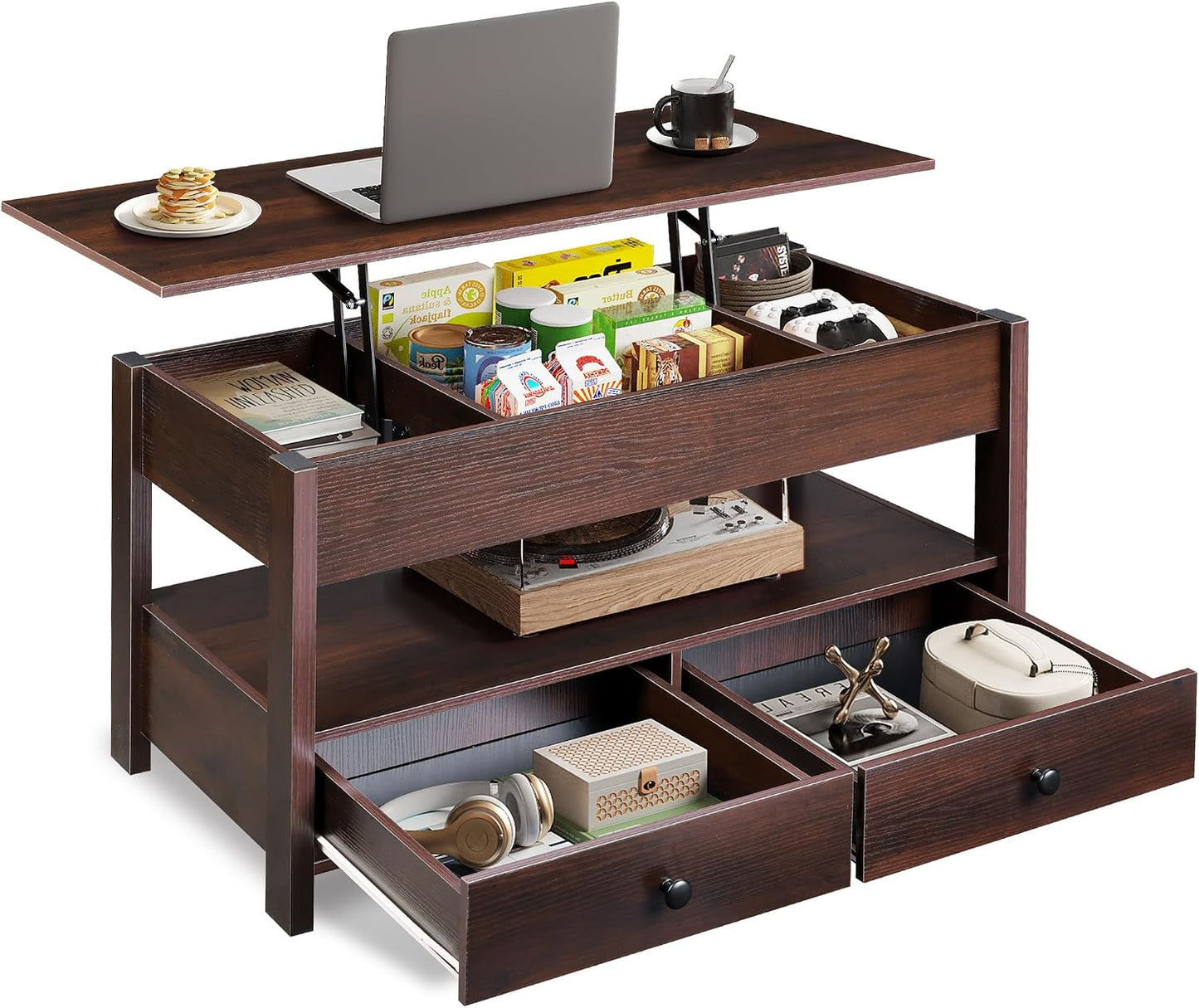 WLIVE Coffee Table with Lifting Top, Hidden Storage & Adjustable Shelf for Living Room Small Space, Multifunctional Rising Wooden Center Table, Mid Century Modern Tables for Home Dining Office, Brown