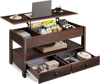 WLIVE Coffee Table with Lifting Top, Hidden Storage & Adjustable Shelf for Living Room Small Space, Multifunctional Rising Wooden Center Table, Mid Century Modern Tables for Home Dining Office, Brown