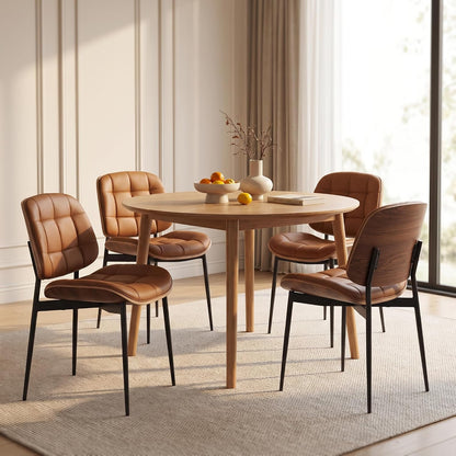 GrandNoor Mid Century Modern Dining Chairs with Walnut Grain Back, Brown Faux Leather Dining Room Chairs Set of 2, Checkered Soft Cushion Kitchen Chairs with Adjustable Foot Pads — A-brown / Set of 4