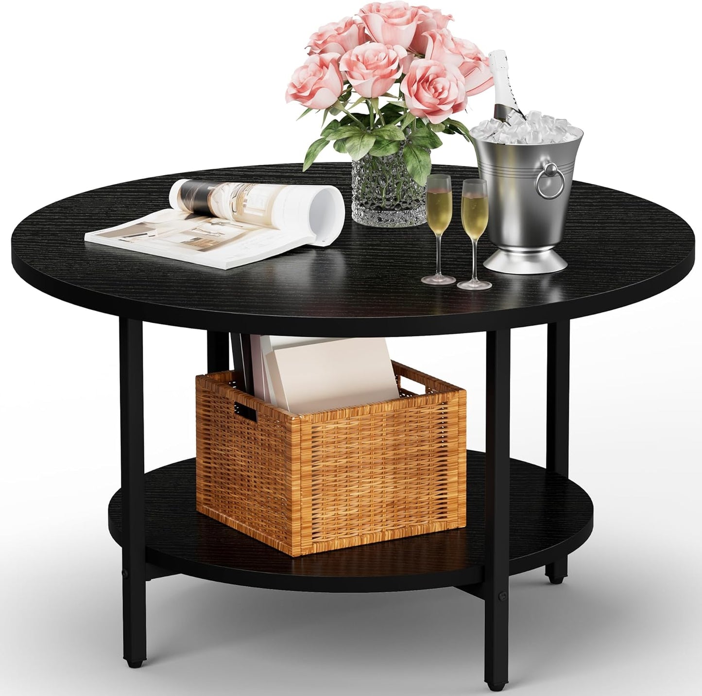 FAMIDGE Coffee Table, 23.6" Coffee Tables for Living Room, Round Coffee Table with Metal Frame, Floor Table for Sitting on The Floor, Home, Office, Black — Style1 Black(27.6dx17.7h) / 2 Tier