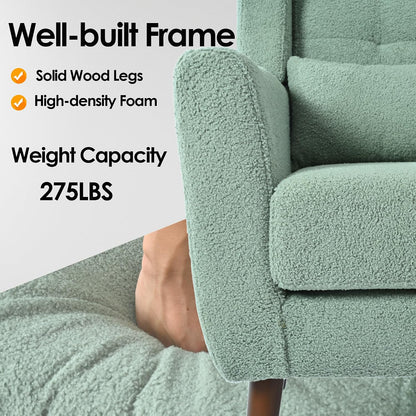 Accent Chair, Comfy Upholstered Living Room Chairs with High Tufted Backrest and Pillow, Wingback Reading Chair with Solid Wood Legs for Bedroom/Office,Teddy Fabric, Light Green — Set of 1 / Light Green(a) (6)