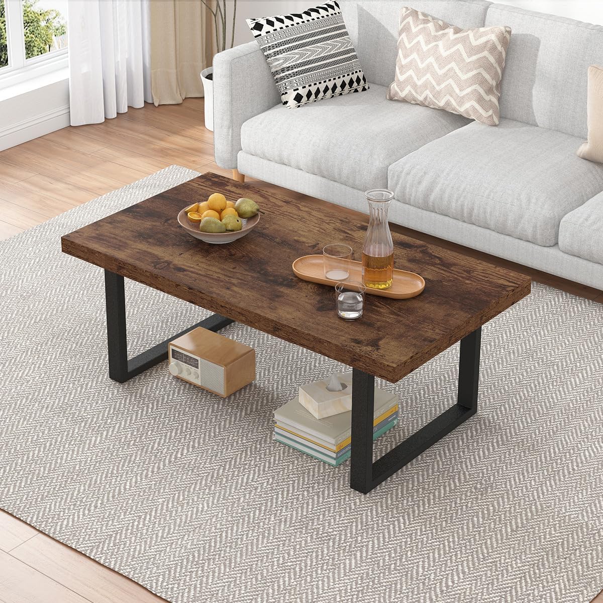 IBF Rustic Coffee Table, Industrial Simple Wooden Living Room Table, Modern Minimalist Farmhouse Rectangle Center Table, Wood and Metal Vintage Tea Coffee Table for Home Bedroom, Rustic Brown, 39 Inch — Rustic Brown / 39 inch