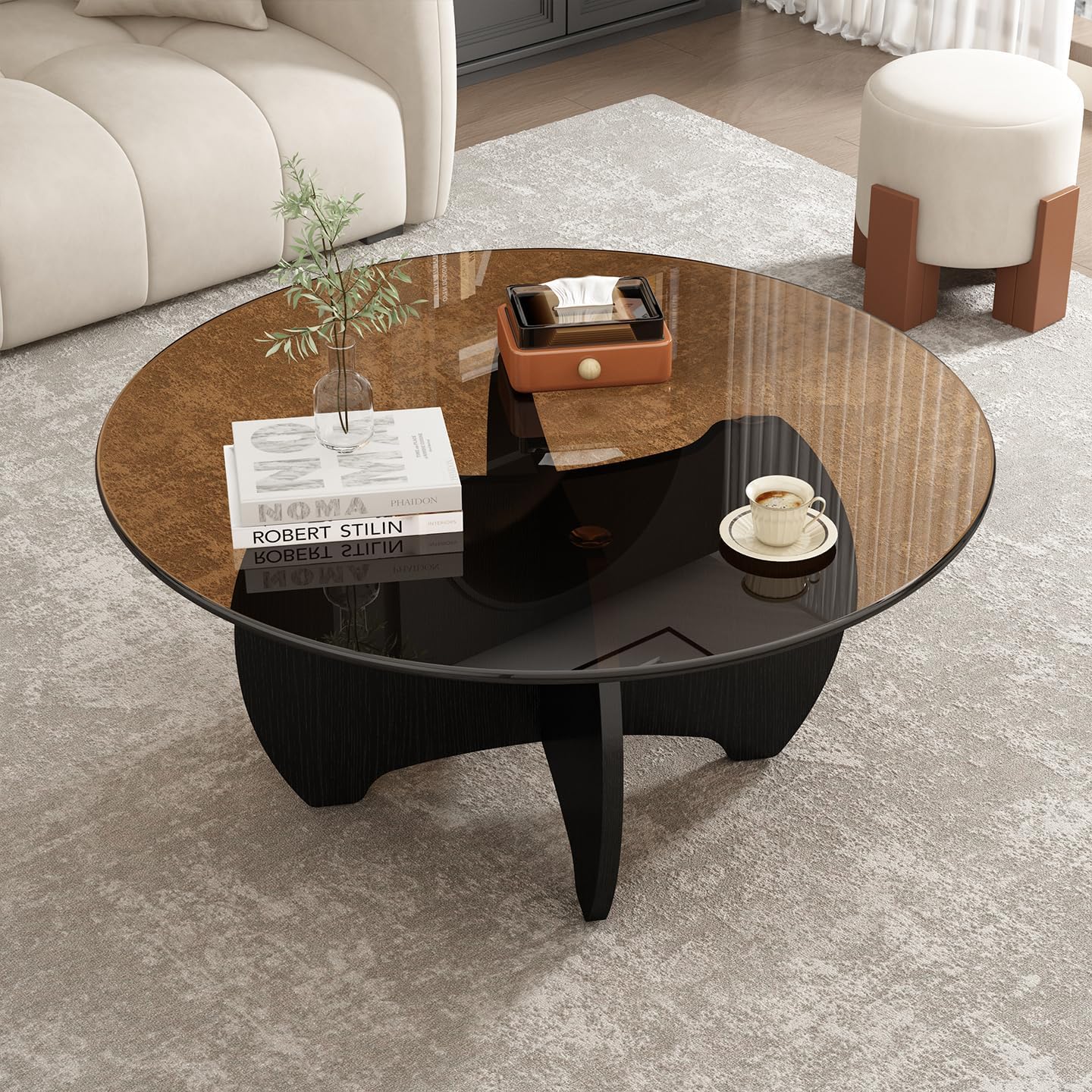 31.5'' Round Coffee Table with Tempered Glass Top, Modern Center Table for Small Spaces - Sturdy Black Board Frame, Simple Design for Living Room, Home, Office - Easy Assembly. — Black (5)