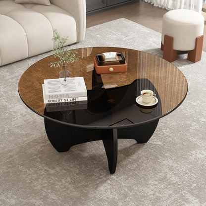 31.5'' Round Coffee Table with Tempered Glass Top, Modern Center Table for Small Spaces - Sturdy Black Board Frame, Simple Design for Living Room, Home, Office - Easy Assembly. — Black (5)