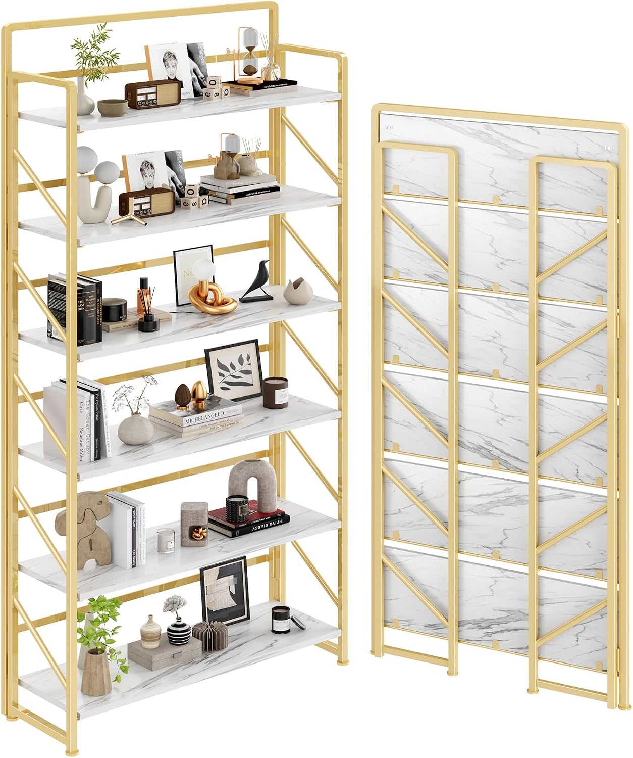 JSB No Assembly Folding Bookshelf, 4 Tier Industrial Metal Book Shelf for Storage, Vintage Wood Foldable Bookcase for Living Room, Bedroom, Office Organization Shelves — White&gold / Wide 6-Tier
