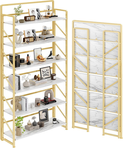 JSB No Assembly Folding Bookshelf, 4 Tier Industrial Metal Book Shelf for Storage, Vintage Wood Foldable Bookcase for Living Room, Bedroom, Office Organization Shelves — White&gold / Wide 6-Tier