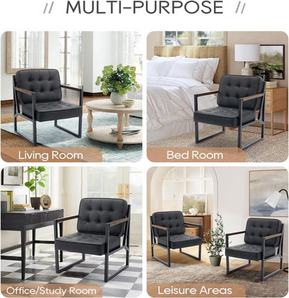 COLAMY Mid Century Modern Accent Chair Set of 2, Comfy Living Room Chair, Black Leather Accent Chair, Faux Leather Reception Armchair with Metal Legs for Living Room Bedroom Reception Office, Black — Black / Set of 2 (7)