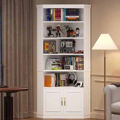 UPOSOJA 83” Tall Corner Bookshelf with Storage Cabinet, L-Shaped 5 Tier Bookcase Open Racks, Classical Style Bookshelves Adjustable Shelves, Home Office, Living Room & Kitchen — White (3)