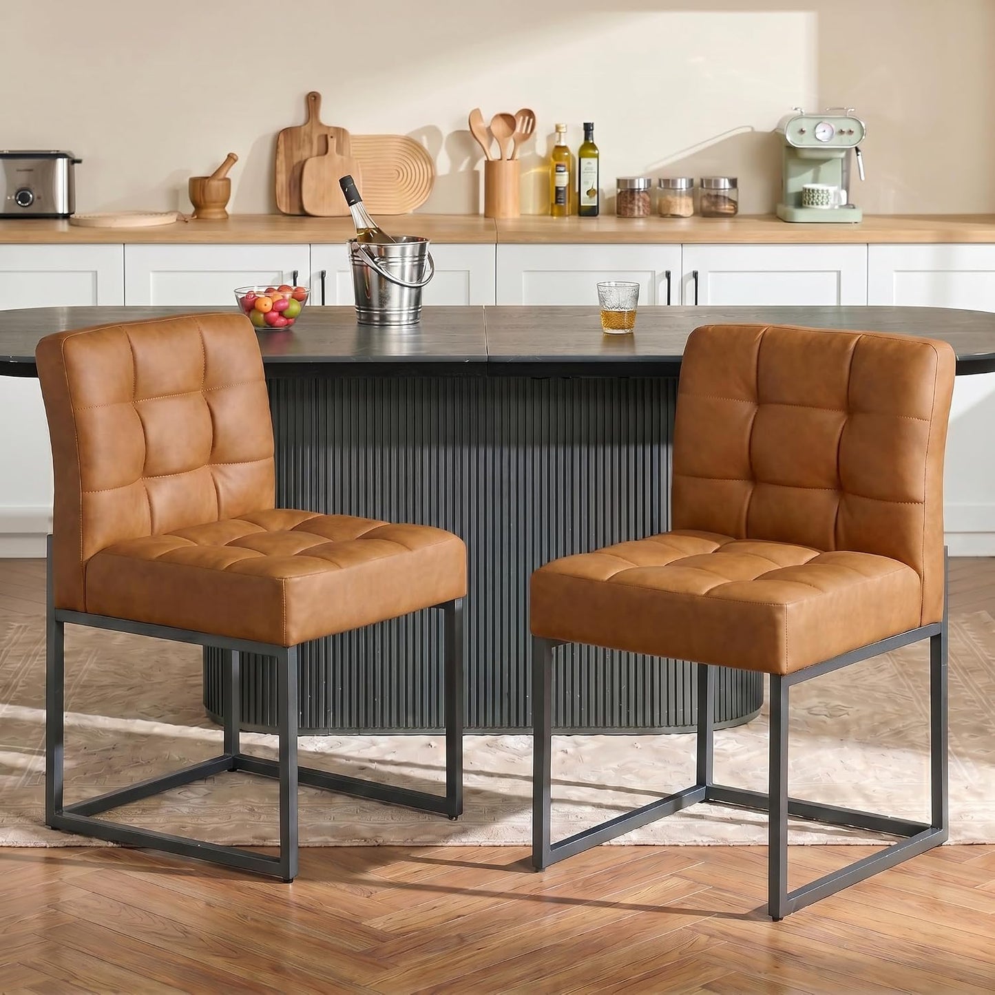 GrandNoor Coffee Faux Leather Dining Chairs Set of 4, Mid-Century Modern Dining Room Chairs with Armless, Checkered Kitchen Chair with Metal Legs — Brown / 2PCS Dining Chairs