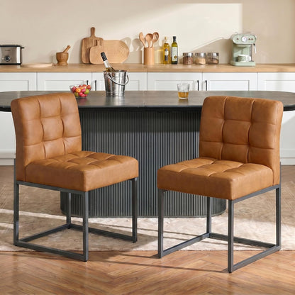 GrandNoor Coffee Faux Leather Dining Chairs Set of 4, Mid-Century Modern Dining Room Chairs with Armless, Checkered Kitchen Chair with Metal Legs — Brown / 2PCS Dining Chairs