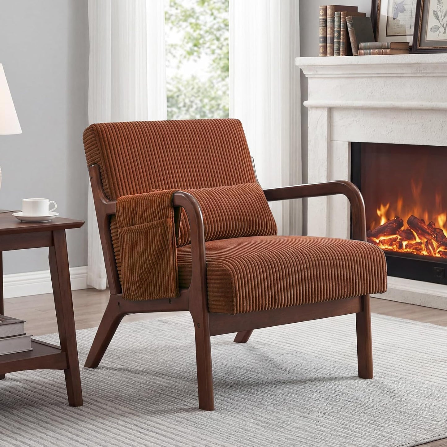 DUMOS Mid Century Modern Accent Chair, Upholstered Armchair with Lumbar Pillow and Solid Wood Frame, Comfy Reading Chair for Small Living Room, Bedroom, Guest Room, Navy Blue