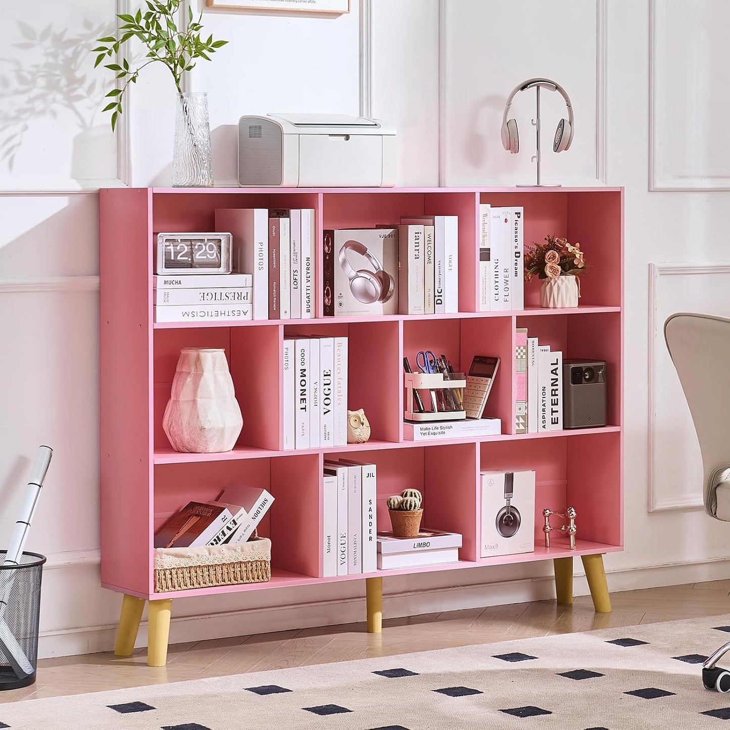 LEYAOYAO Cube Bookshelf 3 Tier Mid-Century Rustic Brown Modern Bookcase with Legs,Retro Wood Bookshelves Storage Organizer Shelf,Freestanding Open Book Shelves for Bedroom,Living Room,Office — Light Pink / 10 Cube Plus with Legs