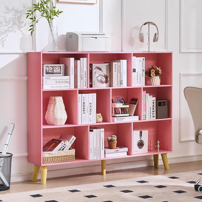 LEYAOYAO Cube Bookshelf 3 Tier Mid-Century Rustic Brown Modern Bookcase with Legs,Retro Wood Bookshelves Storage Organizer Shelf,Freestanding Open Book Shelves for Bedroom,Living Room,Office — Light Pink / 10 Cube Plus with Legs