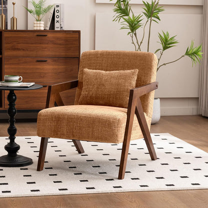 Mid-Century Modern Accent Chair with Solid Wood Frame，Upholstered Chenille Living Room Arm Chairs with Pillow for Bedroom, Living Room, Balcony, Reading Room, Green