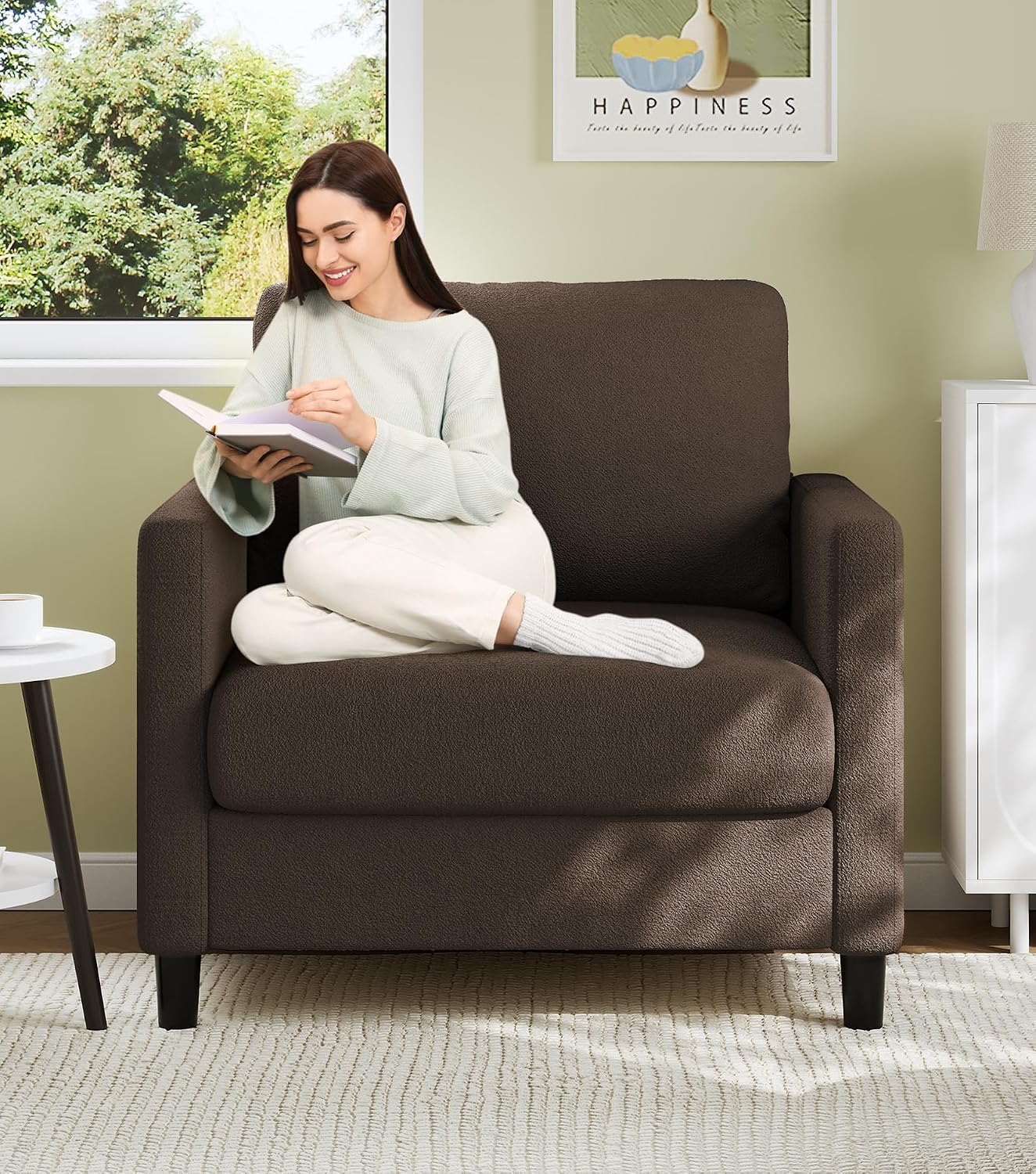 Welzona Sofa Accent Chair, 33" Reading Chair for Bedroom, Tool-Free Setup Living Room Accent Chairs, Comfy Arm Chairs Living Room, All-Wood Reading Nook, Beige