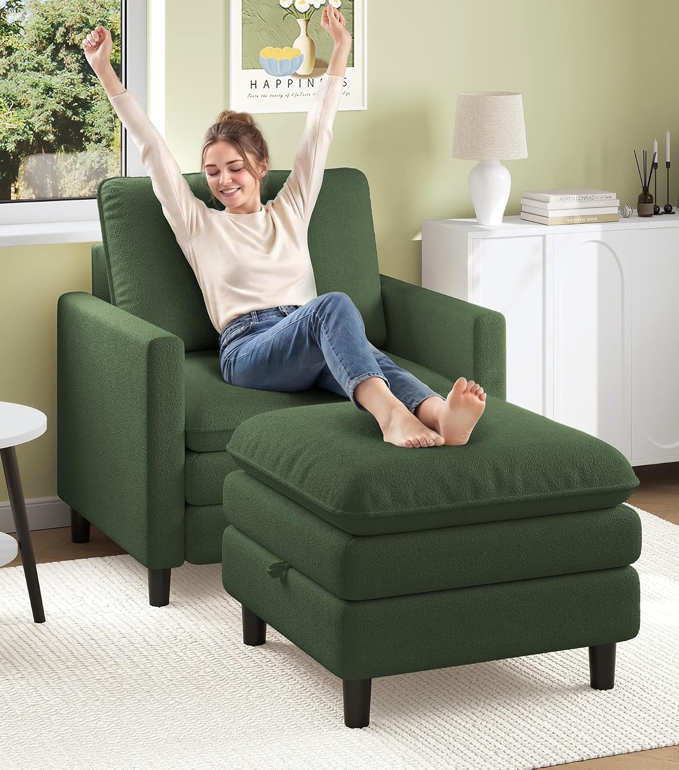 Welzona Sofa Accent Chair, 33" Reading Chair for Bedroom, Tool-Free Setup Living Room Accent Chairs, Comfy Arm Chairs Living Room, All-Wood Reading Nook, Beige