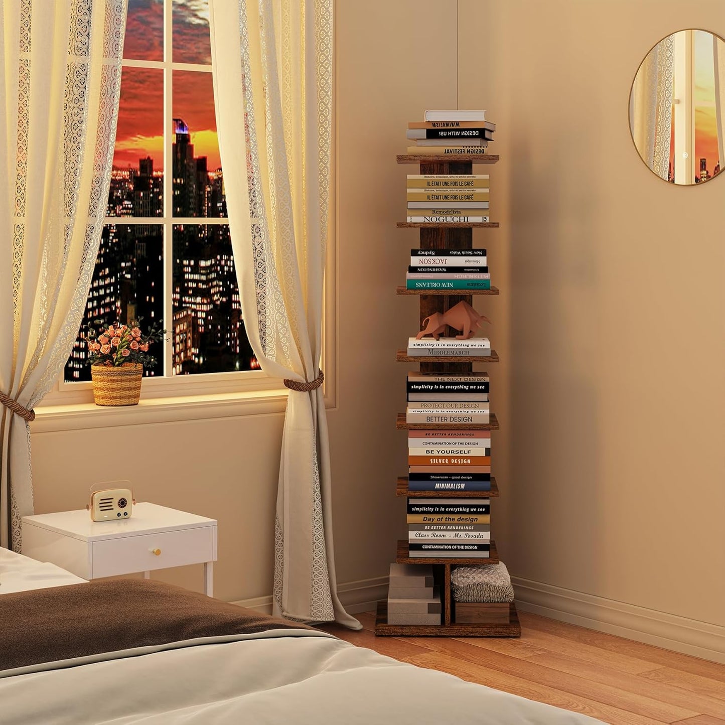 TUTOTAK Book Shelf, Narrow Spine Bookshelf, 8-Tier Bookcase for Small Space | 10.4 x 13.4 x 47.5 Inches Vertical Freestanding Corner Shelf for Living Room, Office, Study, Entryway, Brown BS06BB008 — 8 Tier / Rustic Brown (4)