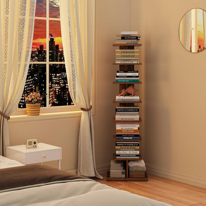 TUTOTAK Book Shelf, Narrow Spine Bookshelf, 8-Tier Bookcase for Small Space | 10.4 x 13.4 x 47.5 Inches Vertical Freestanding Corner Shelf for Living Room, Office, Study, Entryway, Brown BS06BB008 — 8 Tier / Rustic Brown (4)