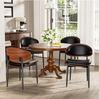 YaFiti Mid Century Dining Chairs Set of 4 with Walnut Bentwood, Greige | Ergonomic Walnut Backrest, Upholstered Waterproof PU Leather Seat, Stable Metal Legs, Adjustable Footpads, Apartment Friendly — Black Pu / 4
