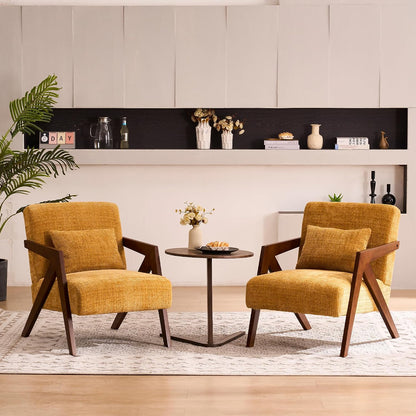 Mid-Century Modern Accent Chair with Solid Wood Frame，Upholstered Chenille Living Room Arm Chairs with Pillow for Bedroom, Living Room, Balcony, Reading Room, Green