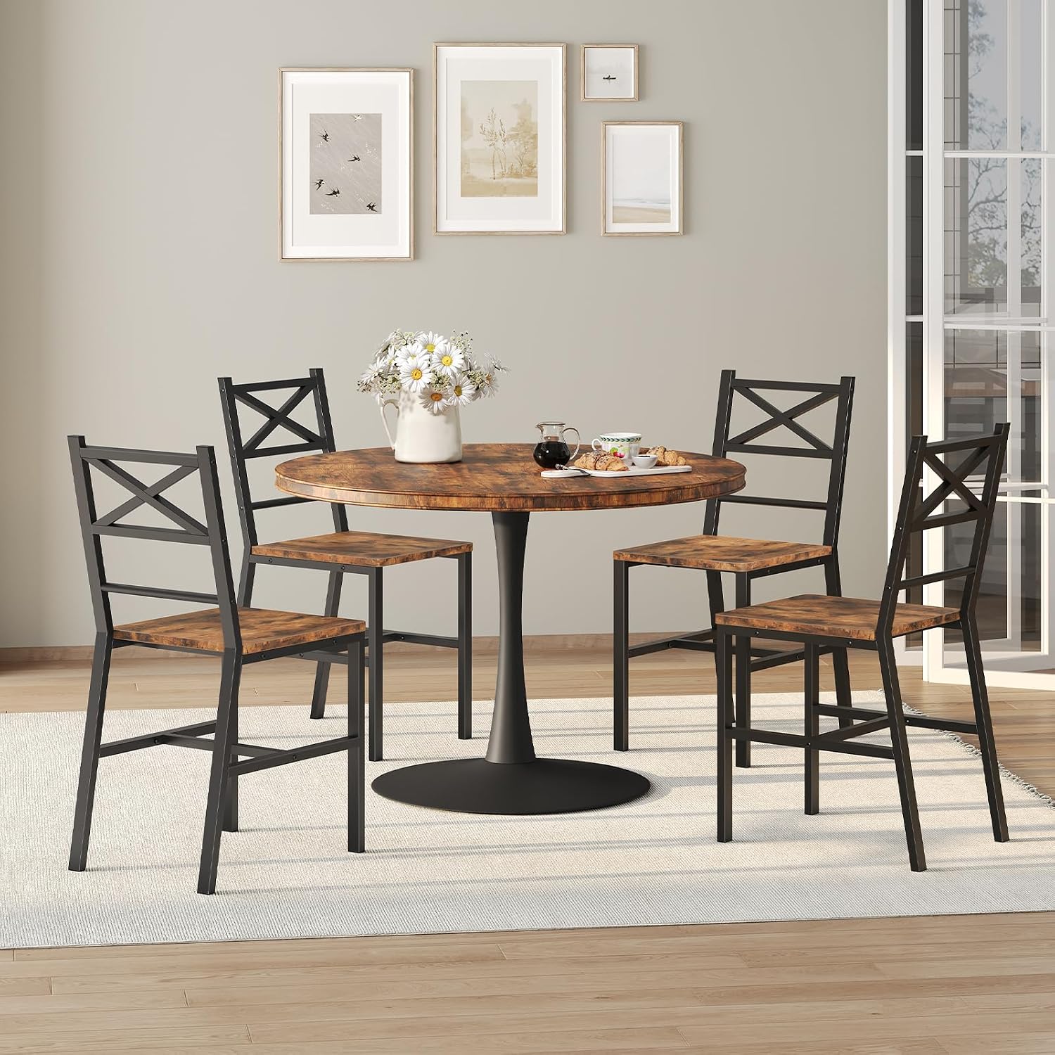 MAHANCRIS Dining Chair Set of 2, Rustic Wooden Kitchen Chairs with Backrest, Farmhouse Dining Chairs for Kitchen, Industrial Style Chair with Metal Frame, Easy Assembly, Rustic Brown TBHR1001 — Rustic Brown / 2 (4)