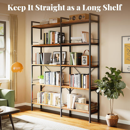 Huuger 5 Tier Bookshelf, L Shaped Corner Bookshelf with 10 Open Shelves, 49.4 Inch Straight Wide Bookcase with Metal Frame and Wooden Board, Adjustable Feet, Rustic Brown — 5 Tier / Rustic Brown (4)
