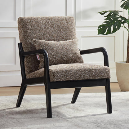 Achicsofar Accent Chair Mid Century Modern Armchair with Lumbar Support Pillow Wood Legs PU Leather Upholstered Lounge Chairs Comfy High Back Cushion for Living Room Bedroom — Chenille Brown / Large Size