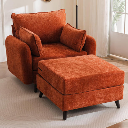 Rexulqo Oversized Accent Chair with All Seats Storage,Comfy Living Room Chairs with 2 Throw Pillow,Upholstered Mid-Century Armchair,24.5'' Deep Seat,Reading Chair for Bedroom,Office,Chenille,Orange