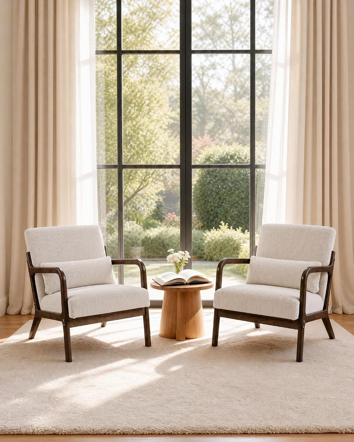 Garvee Mid-Century Chenille Accent Chair, Cozy Reading Chair, Modern Lounge Armchair with Lumbar Pillow, Solid Wood Frame, for Living Room, Bedroom, Office, Beige — Beige-corduroy / 1 Pack