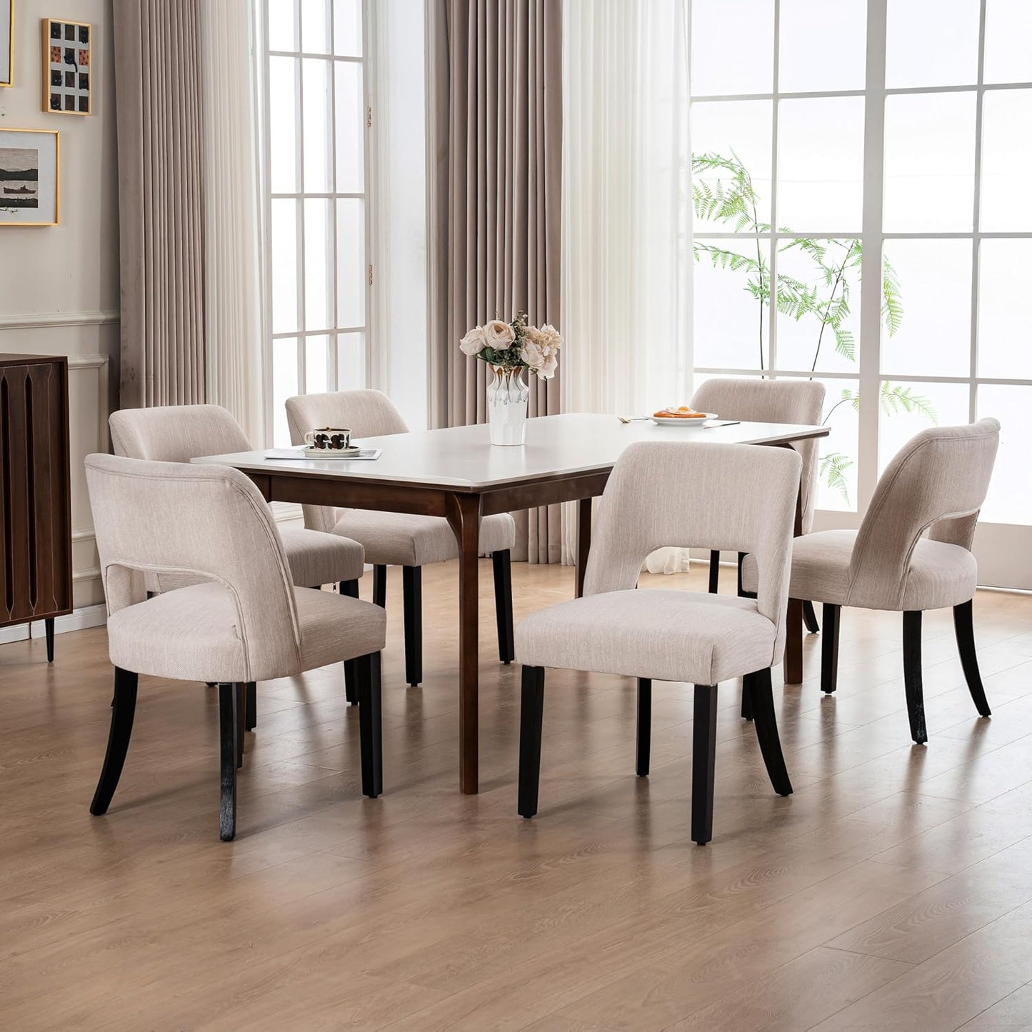 VKNOW Dining Chairs Set of 4, Fabric Dining Chairs, Green | Modern Mid-Century Upholstered Farmhouse Dinner Chair for Kitchen Dining Room Restaurant, Easy Assembly — Beige-black Legs / Set of 6