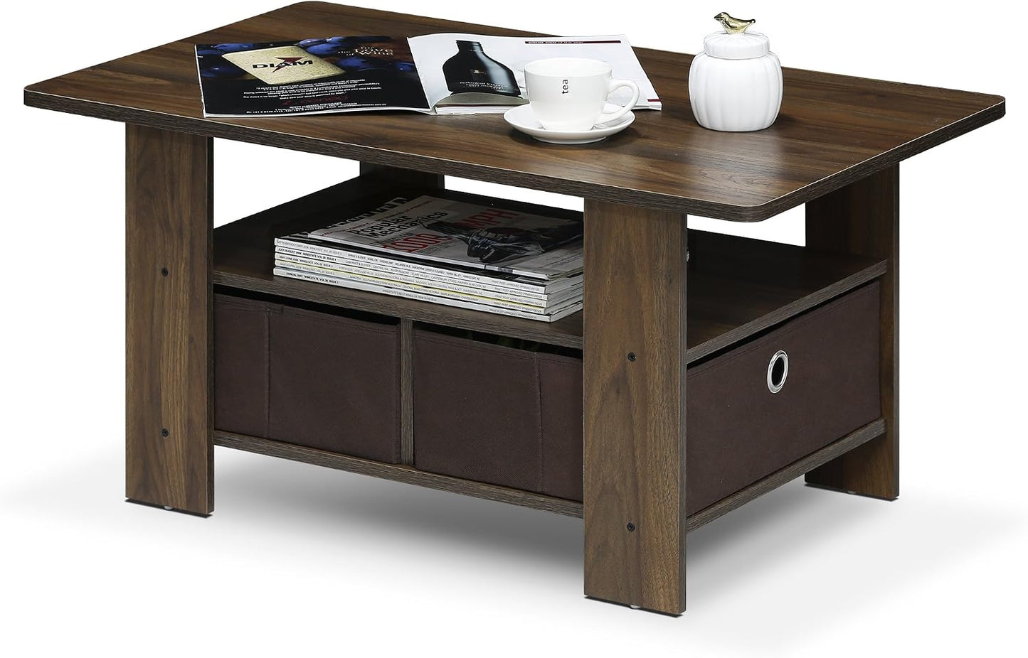 Furinno Coffee Table with Bins, Espresso/Brown