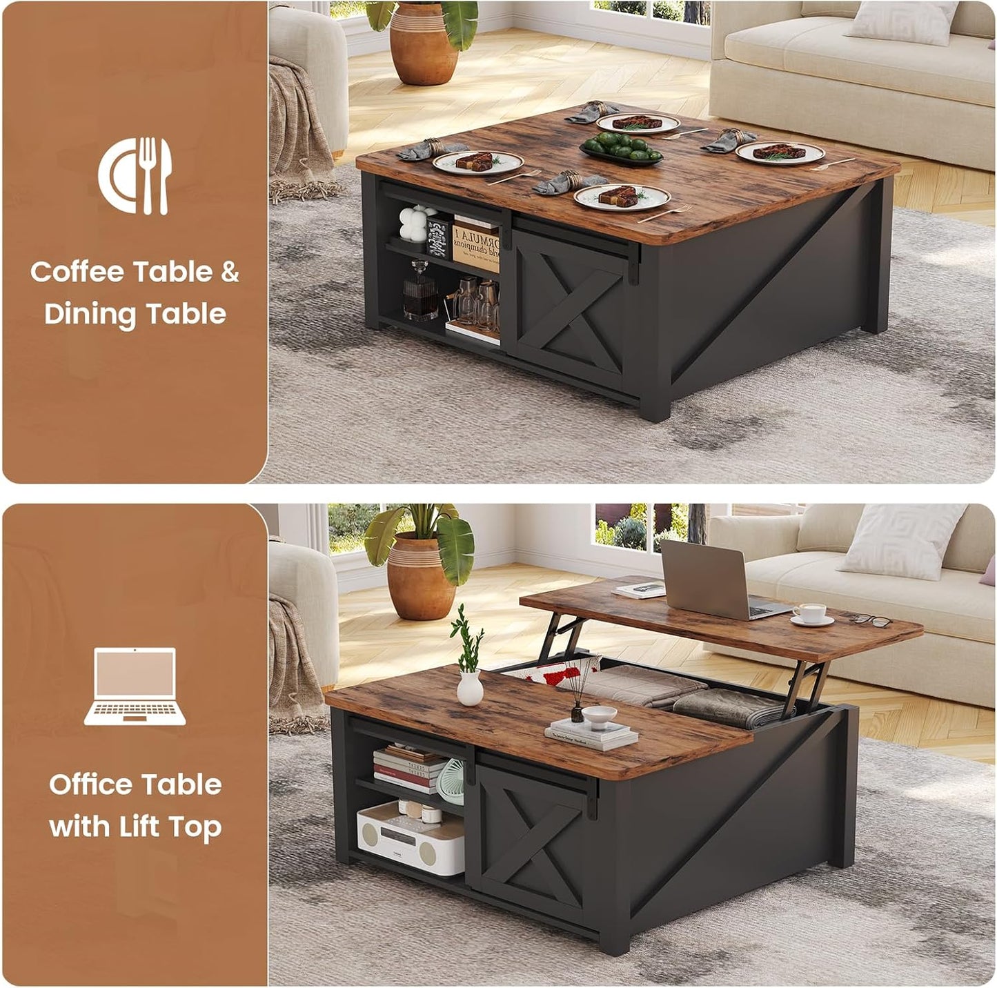 SEDETA 31.5" Lift Top Coffee Table with Storage, Square Coffee Tables for Living Room, Farmhouse Coffee Table with Large Hidden Storage Compartment and Adjustable Shelves, Black — Black (4)