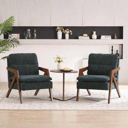 Mid-Century Modern Accent Chair with Solid Wood Frame，Upholstered Chenille Living Room Arm Chairs with Pillow for Bedroom, Living Room, Balcony, Reading Room, Green